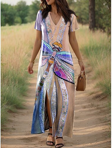  Damen Maxikleid Sommerkleid A Linie Kleid Urlaub Lässig Täglich Normale Passform Grafik Libelle Kurzarm V Ausschnitt Rosa Blau Orange Grün Sommer