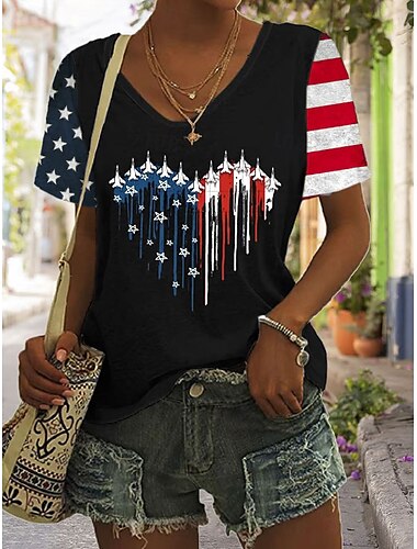  T-shirt patriotique pour femmes du jour de l'indépendance motif graphique du drapeau américain vintage élégant classique manches courtes col en V tops réguliers impression de week-end quotidienne