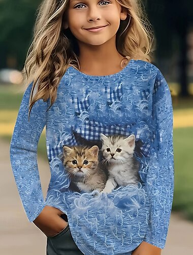  Para Meninas 3D Animal Gato Camisa Camiseta Manga Longa Primavera Outono Moda Básico Infantil 4-12 anos Gola Redonda Ao ar livre Casual Diário Normal