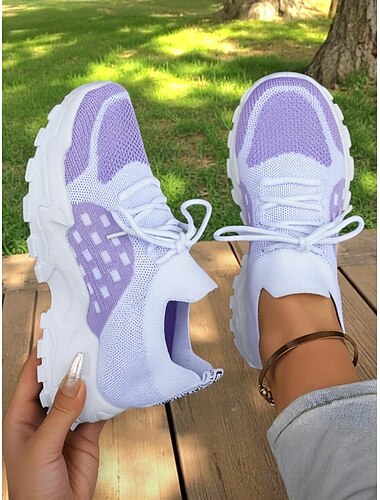  Flyknit-Sportschuhe für Damen – leichte, atmungsaktive Sneaker mit violettem Design und Schnürverschluss, perfekt für die Freizeit und Outdoor-Aktivitäten
