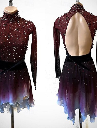  Eiskunstlaufkleid Damen Mädchen Eislaufen Kleid Schwarz Rrot Patchwork Offener Rücken Netzstoff Hohe Elastizität Training Wettbewerb Eiskunstlaufkleidung Klassisch Kristall / Strass Langarm Eislaufen