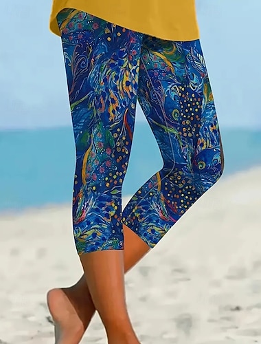  Femmes Pantalon capri Leggings Streetwear Boho Longueur mollet Naturel Fleuri Imprimé Confortable Tenue quotidienne Sortir Vêtements de rue Bleu Vert Été Coupe régulière