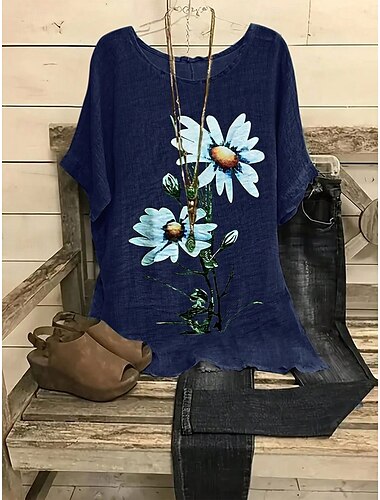  Damen Bluse Blumen Grafik Bohemien Vintage Ethnisch Halbarm Rundhalsausschnitt U-Boot-Ausschnitt Normale Oberteile Täglich Ferien Ausgehen Druck Gelb Marineblau Blau Sommer Frühling