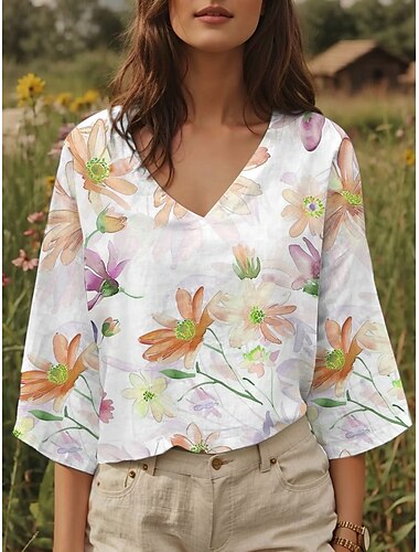  Dames Blouse Bloemig Grafisch Stijlvol Casual 3/4 mouw V-hals Normale tops Dagelijks Blozend Roze blauw Oranje Zomer Lente