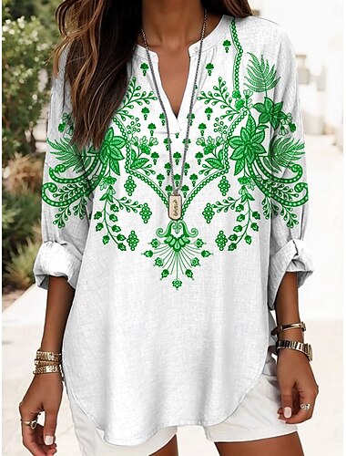  Damen Bluse Blumen Grafik Vintage Strand Langarm V Ausschnitt Normale Oberteile Täglich Ferien Druck Weiß Rote Königsblau Purpur Grün Sommer Frühling