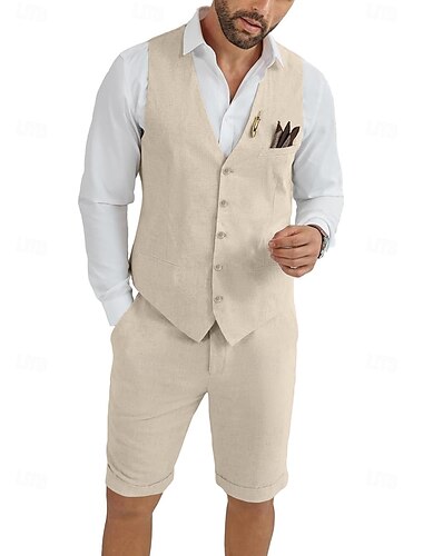  heren linnen vest pakken bruiloft shorts vest zomer effen formeel lichtblauw hemelsblauw donker marineblauw casual 2-delig op maat gemaakt