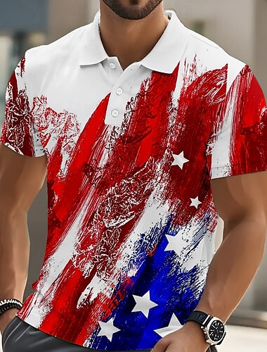  Jour de l'Indépendance Homme Drapeau Américain Polo Manches courtes Revers Décontracté Quotidien Athleisure Décontracté Quotidien Festival Boutons Été Rouge bleu marine