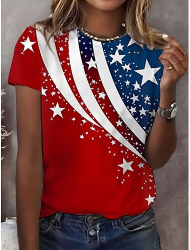  Självständighetsdagen Kvinnors Patriotiska Fjärde juli T-shirt Grafisk Flagga Vintage Stilren Klassisk Kortärmad Crew Neck Vanliga Toppar Daglig Helgtryck Röd Sommar