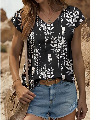  Per donna Blusa Grafico Piante Vintage Elegante Classico Senza Maniche Manica Corta Scollo a V Top Regolari Quotidiano Stampato Nero Bianco Estate Primavera