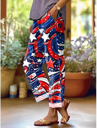  Unabhängigkeitstag Damen Patriotische Leggings Vierter Juli Skinny Urlaub Vintage Stylisch Volllängige Hoch Taillierte Hosen Grafik Flaggen Druck Atmungsaktiv Weich Rot Dunkelmarine Königsblau Sommer