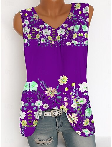  Damen Camisole-Tanktop Blumen Grafik Vintage Tropisch Stilvoll Ärmellos V Ausschnitt Lange Oberteile Täglich Druck Blau Purpur Grün Sommer Frühling
