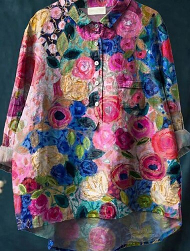  Dame Skjorte Boho skjorte Bluse Blomsternål i krystall Moderne Bohem Langermet Skjortekrage Vanlige topper Daglig Ferie Ut på byen Knapper Trykt mønster Gressgrønn Lysegrønn Navyblå Lilla Fuksia
