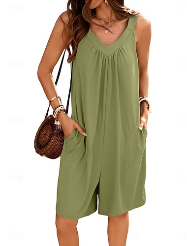  Mujer Normal Mono Activo Color sólido Sin Mangas Escote en Pico Bolsillo Vacaciones Diario Ajuste regular Marrón Verde Trébol Albaricoque Verano