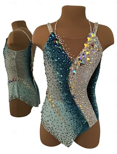  Ritmische gymnastiek turnpakje dames meisjes schaatsen gymnastiek turnpakje wit duimgat halo kleuring hoge elasticiteit professionele wedstrijd schaatskleding kristal / strass mouwloos ijs