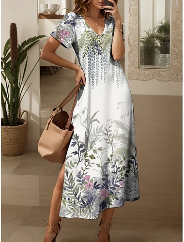  Dames Maxi-jurk Casual jurk Zonnejurk A lijn jurk Vakantie Casual Strand Normale pasvorm Bloemig Grafisch Vlinder Korte mouw V-hals Zwart Wit Blozend Roze Zomer Lente