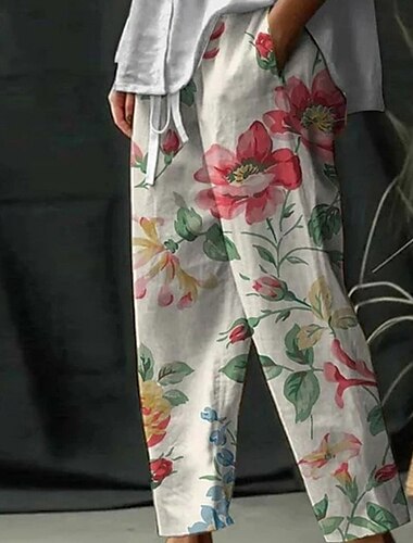  Dam Byxor av linne i bomull Beskurna byxor Streetwear Boho Ankellång Medium Midja Blommig Elastisk midja Bekväm Dagliga kläder Utekväll Rosa Rubinrött Sommar Vår Normal