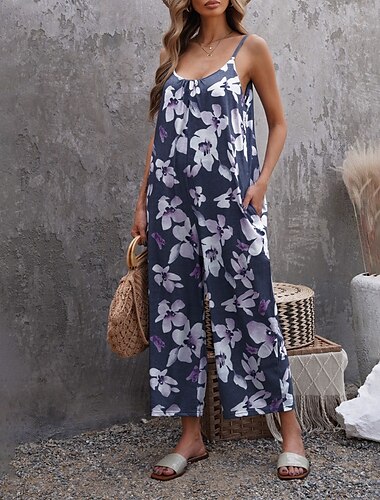  Damen Normal Overall Streetwear Blumen Ärmellos U-Ausschnitt Tasche Druck Straße Täglich Normale Passform Schwarz Weiß Hellgrün Sommer
