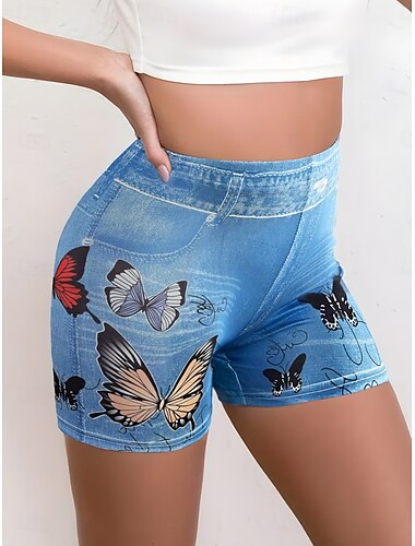  Damen Leggings Shorts 3D Druck Chinos Urlaub Streetwear Lässig Kurz Hohe Taille Schmetterlings Drucken Bequem Weich Komfortabel Dehnbar Outdoor Urlaub Straße Blau Sommer Slim Fit
