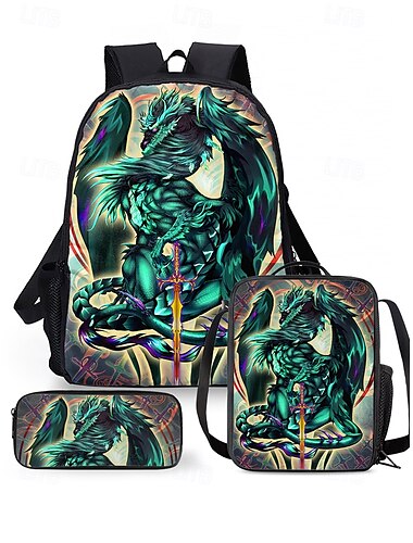  Dreiteiliges Rucksackset für Jungen mit Drachenmotiv, bestehend aus Rucksack, Kühltasche und Federmäppchen, leuchtend blaues Design, perfekt für Schule, Reisen und den täglichen Gebrauch, Ruth Thompson