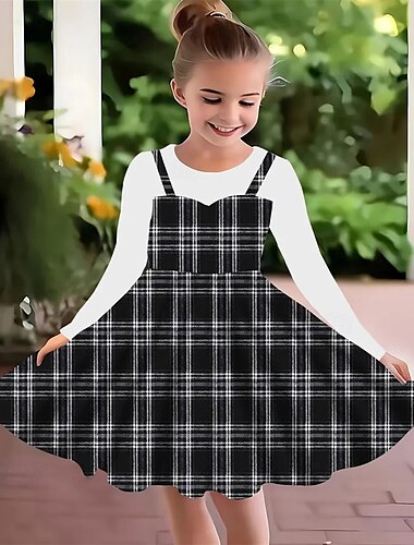  Flickor 3D Rutig Klänning Långärmad Sommar Vår Semester Dagligen Helgdag Prinsessa Skön Ljuv Barn 4-12 år Vardagsklänning A linjeklänning Knälång Normal