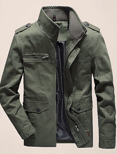  Herren Einsatzjacke übergangsjacke Ausgehen Reißverschlusstasche Frühling & Herbst Einfarbig Militär Stehkragen Regulär Baumwolle Normale Passform Schwarz Armeegrün Khaki Jacken