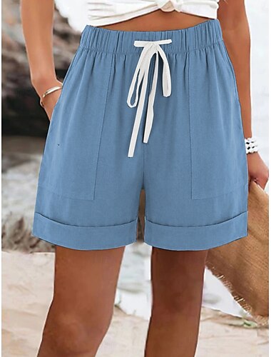  Femmes Shorts Vacances ancien Occasionnel Court Taille Moyenne Uni Taille Élastique Vacances Rue Orange Kaki Bleu de minuit Bleu ciel Été Printemps Coupe régulière