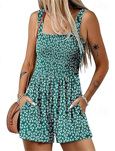  Mujer Normal Mono Casual Floral Sin Mangas Pantalones cortos holgados Estampado Calle Diario Ajuste regular Negro Verde Claro Rosa Verano