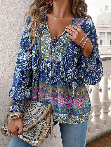  Damen Hemd Boho-Hemd Sommeroberteile Blume Täglich Stilvoll Lässig Langarm V Ausschnitt Normale Oberteile Arbeit Täglich Ferien Druck Rosa Marineblau Blau Frühling Herbst