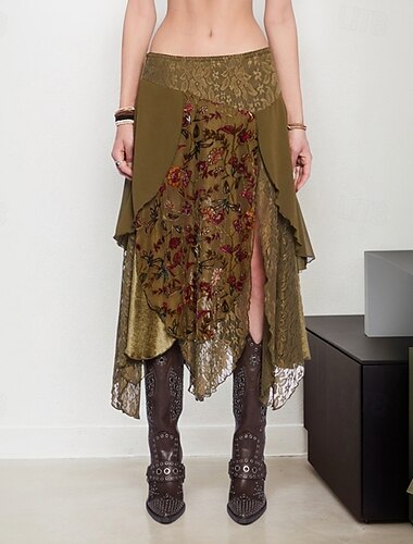  Dames Rok Modieus Boho Midi Medium taille Rokken Bloemig Kant Splits Afdrukken Micro-elastisch Vakantie Straat Bruin Zomer Polyester
