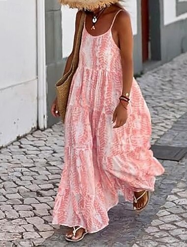  Dames Lange jurk maxi-jurk Casual jurk Swingjurk Slipdress Boho-jurk Modieus Buiten Feest Feestdagen Normale pasvorm Tie Dye Mouwloos Spaghettibandjes Zwart Blozend Roze Groen Zomer