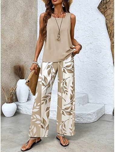  Da donna Quotidiano Set di Pantaloni Senza Maniche Collo quadrato pianta Stampato Casuale Viola Verde Cachi Estate Vestibilità comoda