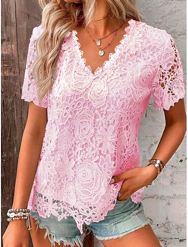  女性用 Tシャツ グラフィック 平織り ファッション 近代の カジュアル 半袖 Ｖネック レギュラートップス 日常 週末 レース パッチワーク ブラック ホワイト ピンク ルビーレッド 夏