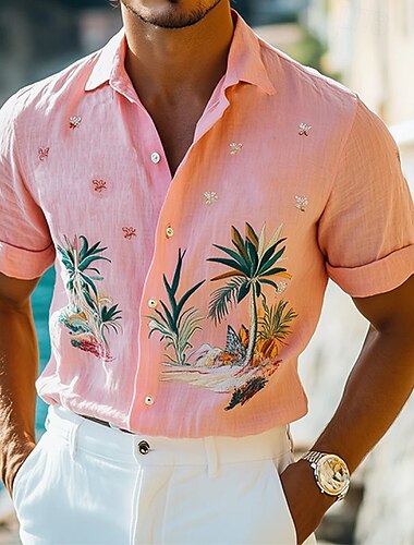  Men's Linen Shirt Summer Shirt Beach Wear Button Up Shirt Palm Tree Vacation Holiday Pink Short Sleeve Turndown Summer Spring Clothing Apparel