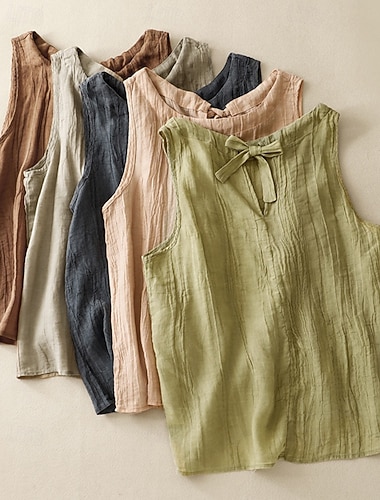  Dames Linnen-geïnspireerde sets Blouse Imitatie katoenlinnen Effen Modern Casual Mouwloos Strakke ronde hals Normale tops Dagelijks Feestdagen Uitgaan Blozend Roze Rood Groen Abrikoos Zomer