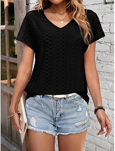  Damen T Shirt Einfach Mode Modern Lässig Kurzarm V Ausschnitt Normale Oberteile Täglich Wochenende Lochmuster Schwarz Weiß Gelb Rosa Sommer