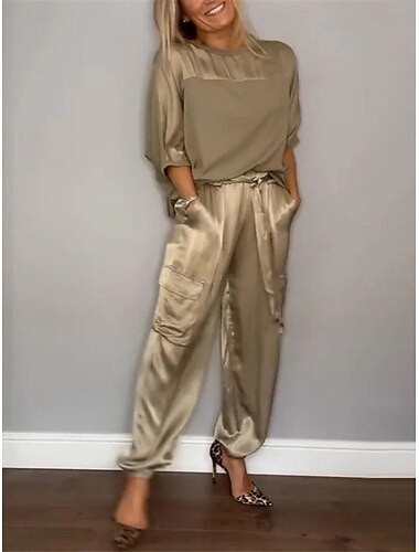  Ensemble de 2 pièces Mode Streetwear pour femmes Pantalons Quotidiens Manches 3/4 Col rond Couleur unie Décontracté Quotidien Noir Blanc Rouge Été Coupe régulière