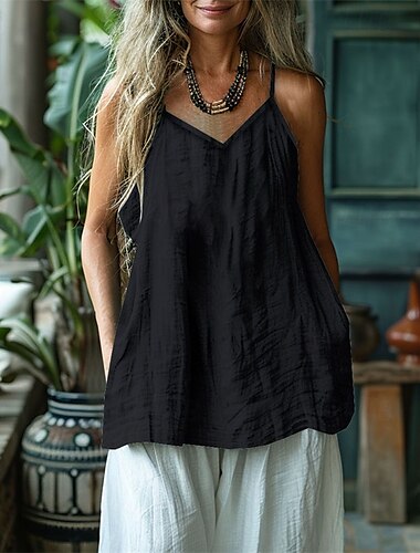  Naisten Paita Puuvillainen pellava paita Camisole Tank Top Tavallinen Päivittäin Tyylikäs Perus Hihaton Olkaimellinen kylmä olkapää Tavalliset topit Työ Päivittäin Pyhäpäivä Musta Valkoinen Keltainen