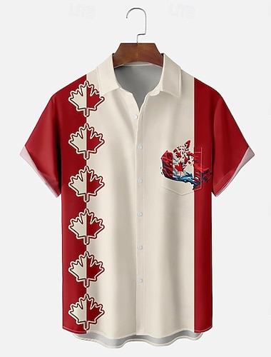  Kanada-Tag Herren Flagge Ahornblatt Hemd Sommerhemd Knopfhemd Kurzarm Modisch lässig Ferien Sommer Frühling Umlegekragen 3D-Druck Hemden mit Kragen Eine Tasche vorne Aprikose