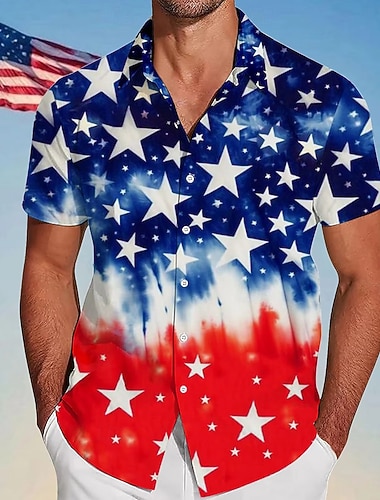  アメリカ独立記念日 男性用 米国旗 愛国 7月4日 シャツ サマーシャツ ボタンアップシャツ 半袖 ファッションカジュアル アウトドア 祝日 夏 春 折襟 3Dプリント 襟付きシャツ ブルー