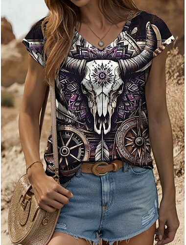  Camiseta de tirantes estilo bohemio para mujer, con estampado geométrico de calaveras, estilo vintage, elegante, clásica, sin mangas, manga corta, cuello en V, estilo regular, estampado diario, rosa,