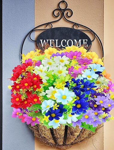  6 Bündel Gänseblümchen, künstliche Blumen, verschiedene Farben, Grünpflanze für draußen, Strauchpflanze, hängender Blumentopf für drinnen und draußen, Dekoration für Zuhause, Hochzeit, Büro, Garten,
