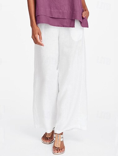  Damen Hose aus Baumwollleinen Stoffhosen Streetwear Lässig Volle Länge Natürliche Taille Einfach Tasche Elastischer Bund Außenbereich Bequem Straße Wochenende Grau Weiß Sommer Normale Passform