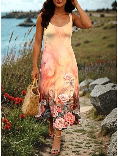  Damen Maxikleid A Linie Kleid Sommerkleid Schulterfreies Kleid Urlaub Lässig Party Date Normale Passform Blumen Grafik Stammes Ärmellos Quadrathals Rote Orange Grün Sommer Frühling