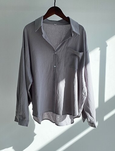  Dames Overhemd Katoenen linnen overhemden Blouse Effen Modern Casual Lange mouw Overhemdkraag Normale tops Dagelijks Feestdagen Uitgaan Knop Zak Lichtgroen Blozend Roze blauw Abrikoos Grijs Zomer