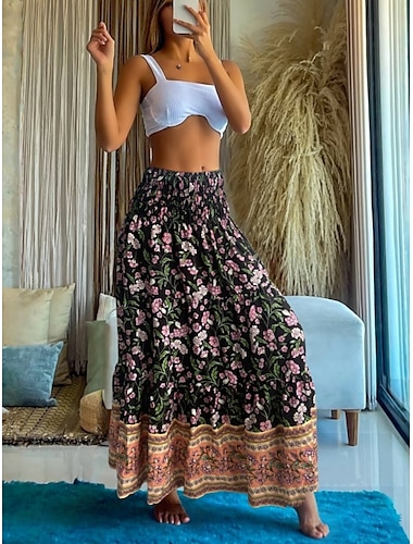  Damen Rock A-Linie Bohemien Ethnisch Lässig Maxi Hohe Taille Röcke Blumenmuster Druck Mikroelastisch Straße Täglich Schwarz Gelb Rote Königliches Blau Sommer Polyester
