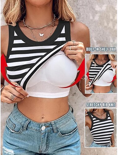  Damen Camisole-Tanktop Gestreift Täglich Stilvoll Lässig Ärmellos Rundhalsausschnitt Normale Oberteile Täglich Druck Schwarz Weiß Blau Grün Sommer