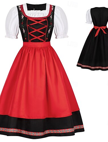  Vrouwen Traditionele Beierse Dirndl Jurk Kostuum met Geborduurd Lichaam en Schort voor Oktoberfest Bierfestival