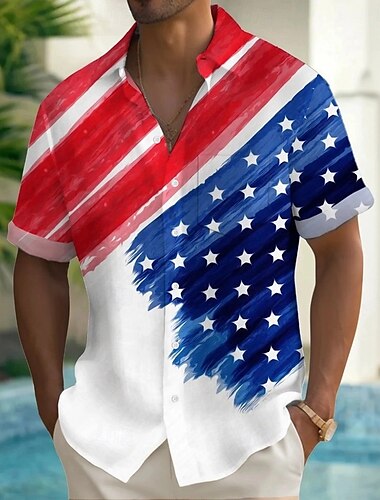  Tag der Unabhängigkeit Herren Amerikanische US-Flagge Patriotisch Vierter Juli Hemd Sommerhemd Knopfhemd Kurzarm Modisch lässig Ferien Sommer Frühling Umlegekragen 3D-Druck Hemden mit Kragen Eine