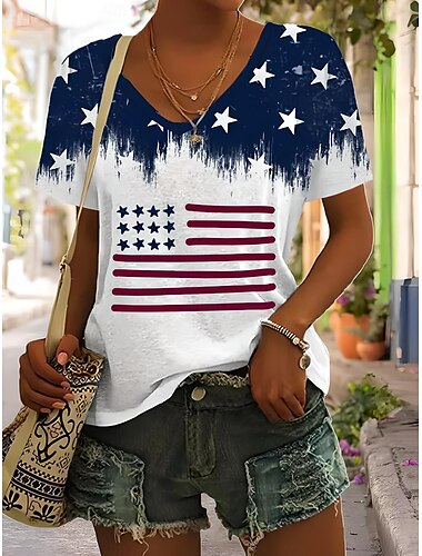  T-shirt patriote pour femmes du Jour de l'Indépendance graphique du drapeau américain vintage stylé classique à manches courtes col en V régulière impression quotidienne week-end bleu été printemps