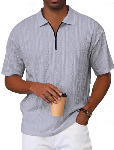  Men's Zip Polo Golf Shirt Casual Holiday Lapel Quarter Zip Short Sleeve Vintage Fashion Plain Quarter Zip Summer Regular Fit Light Blue Black White Gray Zip Polo